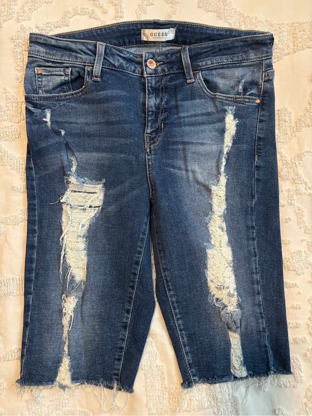 Guess Dark Blue Distressed Cropped Jeans with Raw Hem